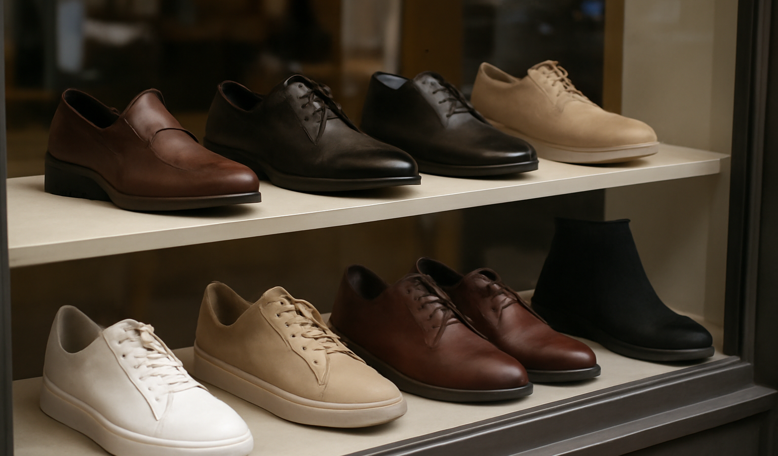vitrine présentant plusieurs modèles de chaussures