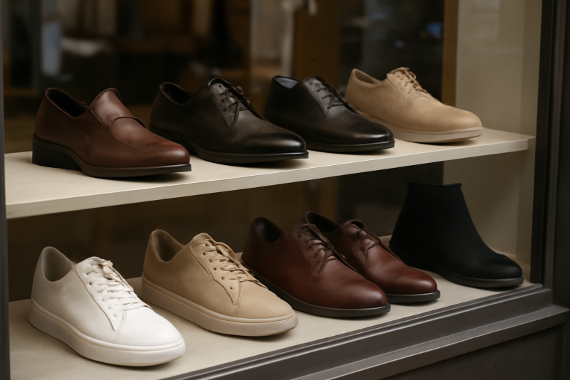 vitrine présentant plusieurs modèles de chaussures