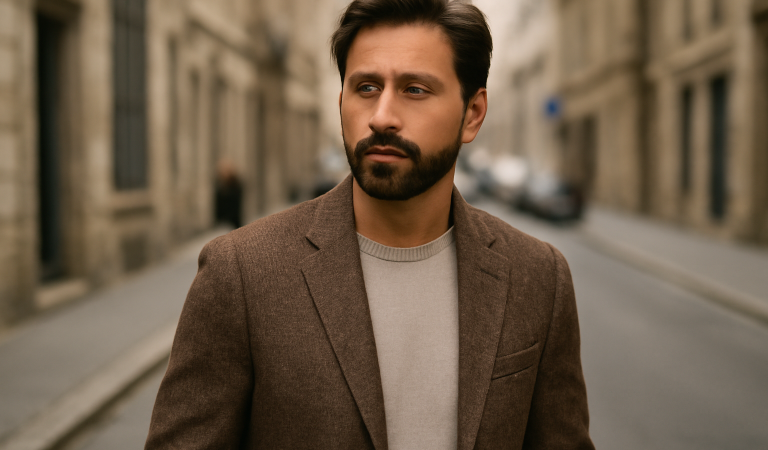 homme portant une veste en tweed en rue