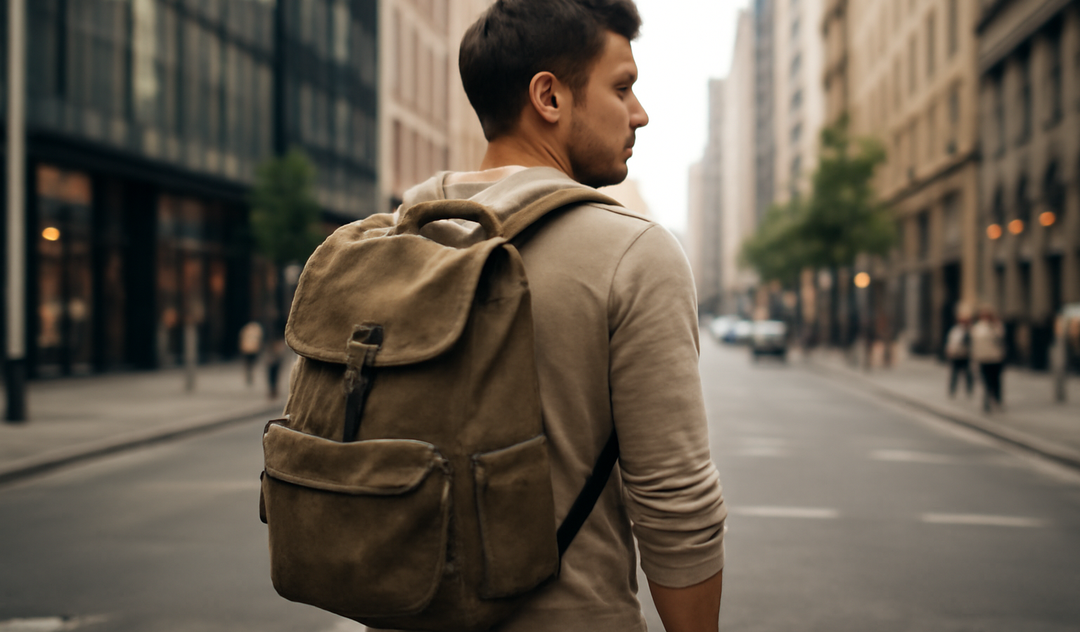 homme avec sac à dos en centre ville