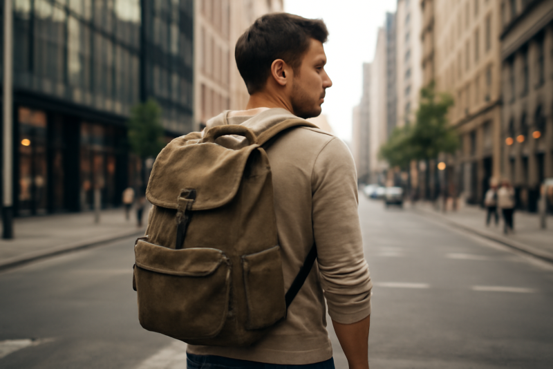 homme avec sac à dos en centre ville