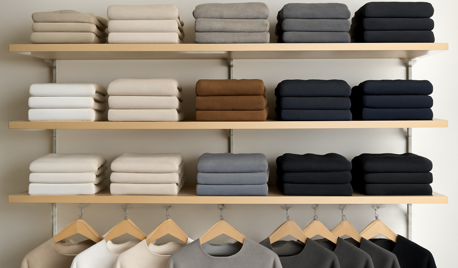 étagères de vêtements basiques bien rangées