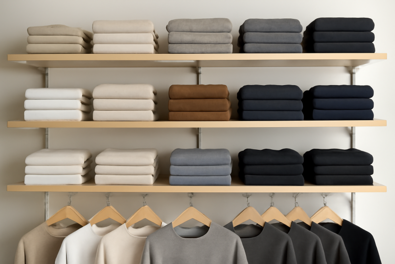 étagères de vêtements basiques bien rangées