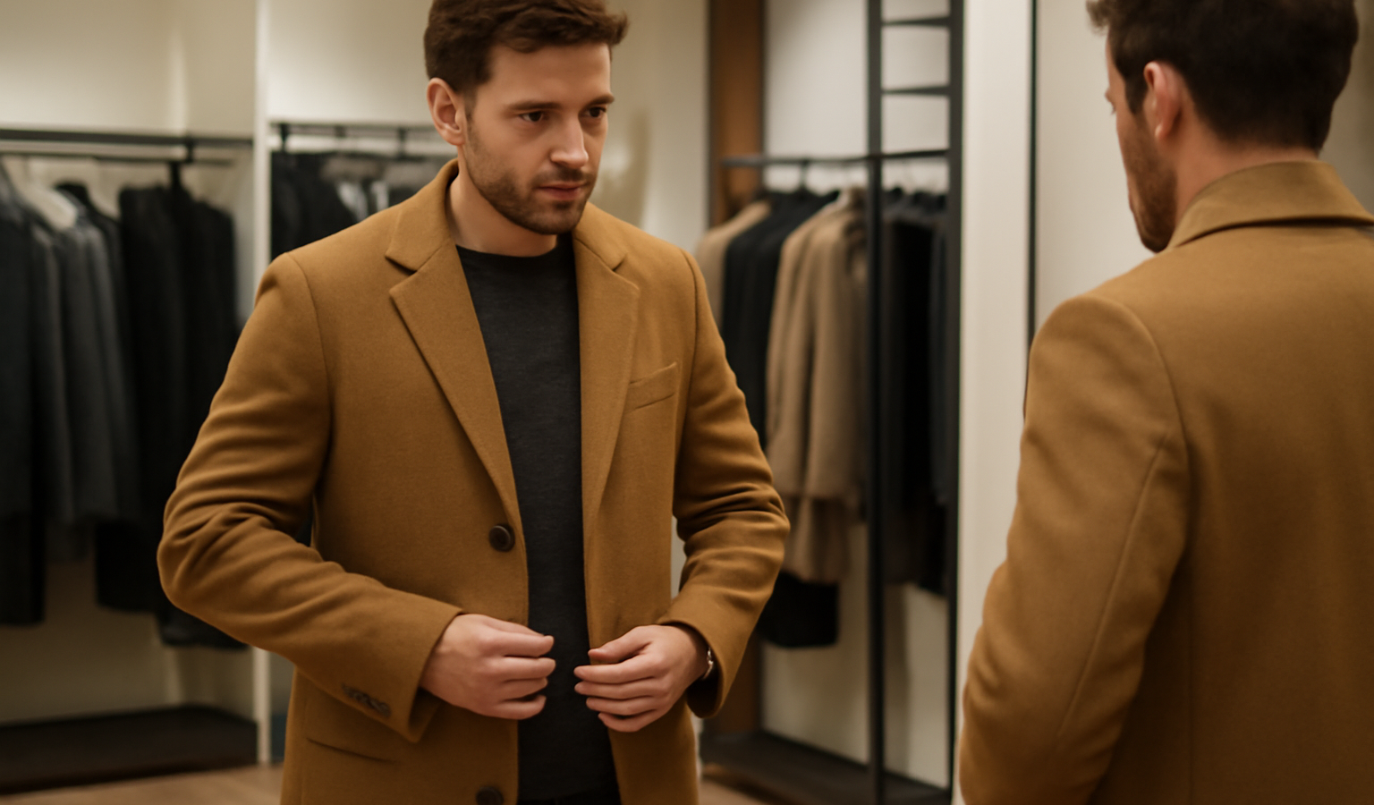 homme essayant un manteau long en magasin