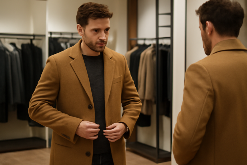 homme essayant un manteau long en magasin