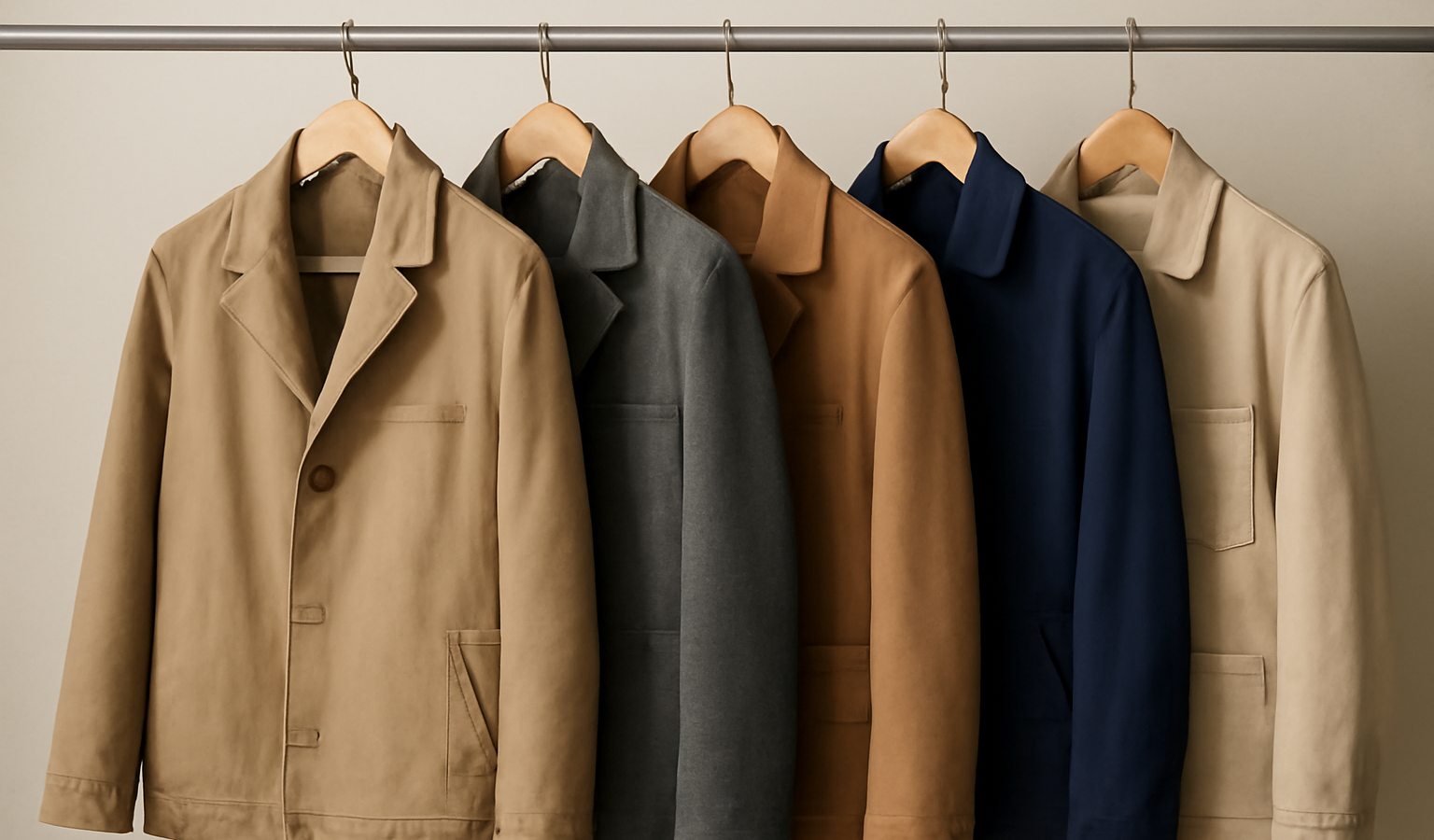 cinq vestes suspendues sur une tringle