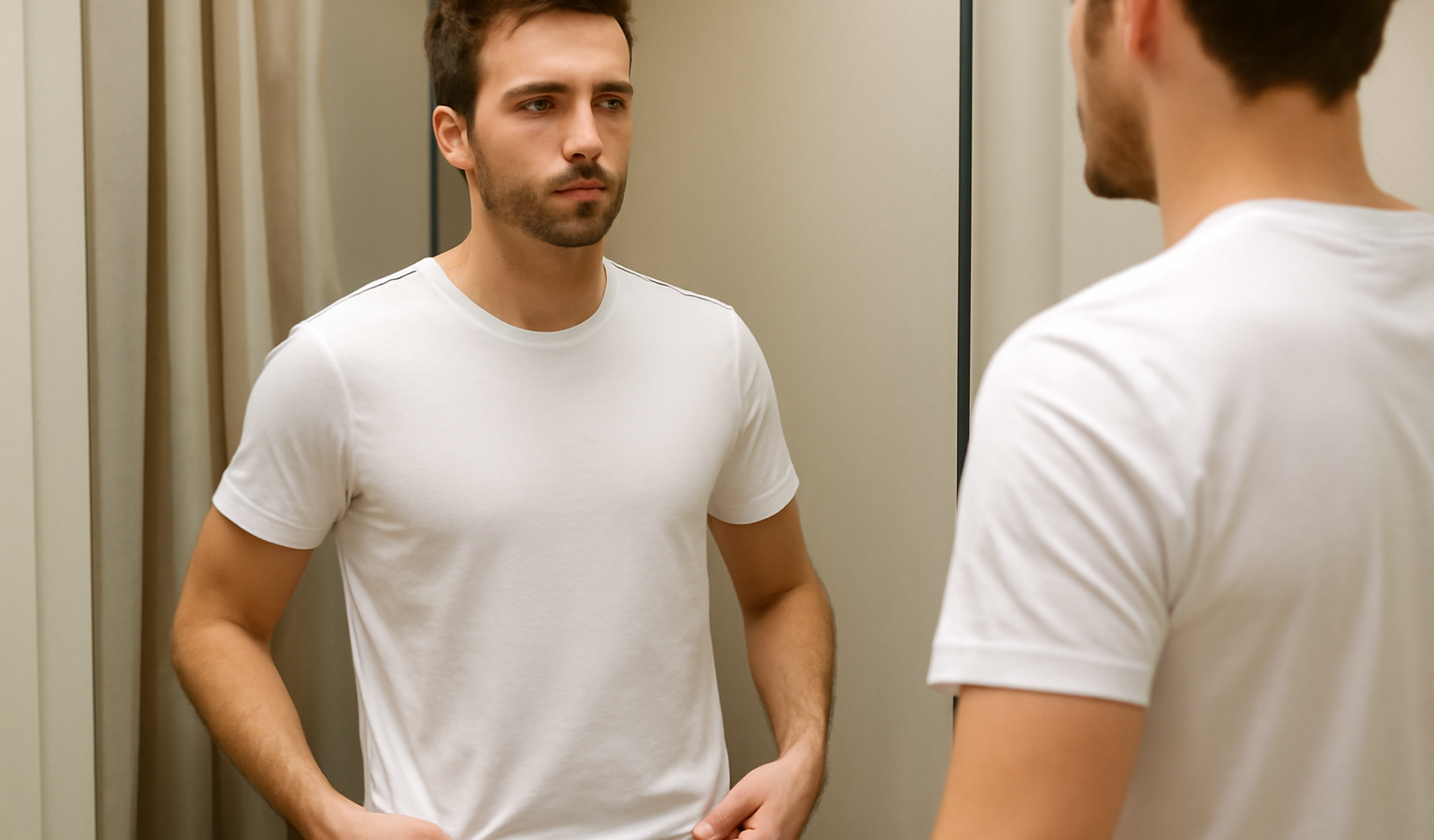 homme essayant un t-shirt basique en cabine