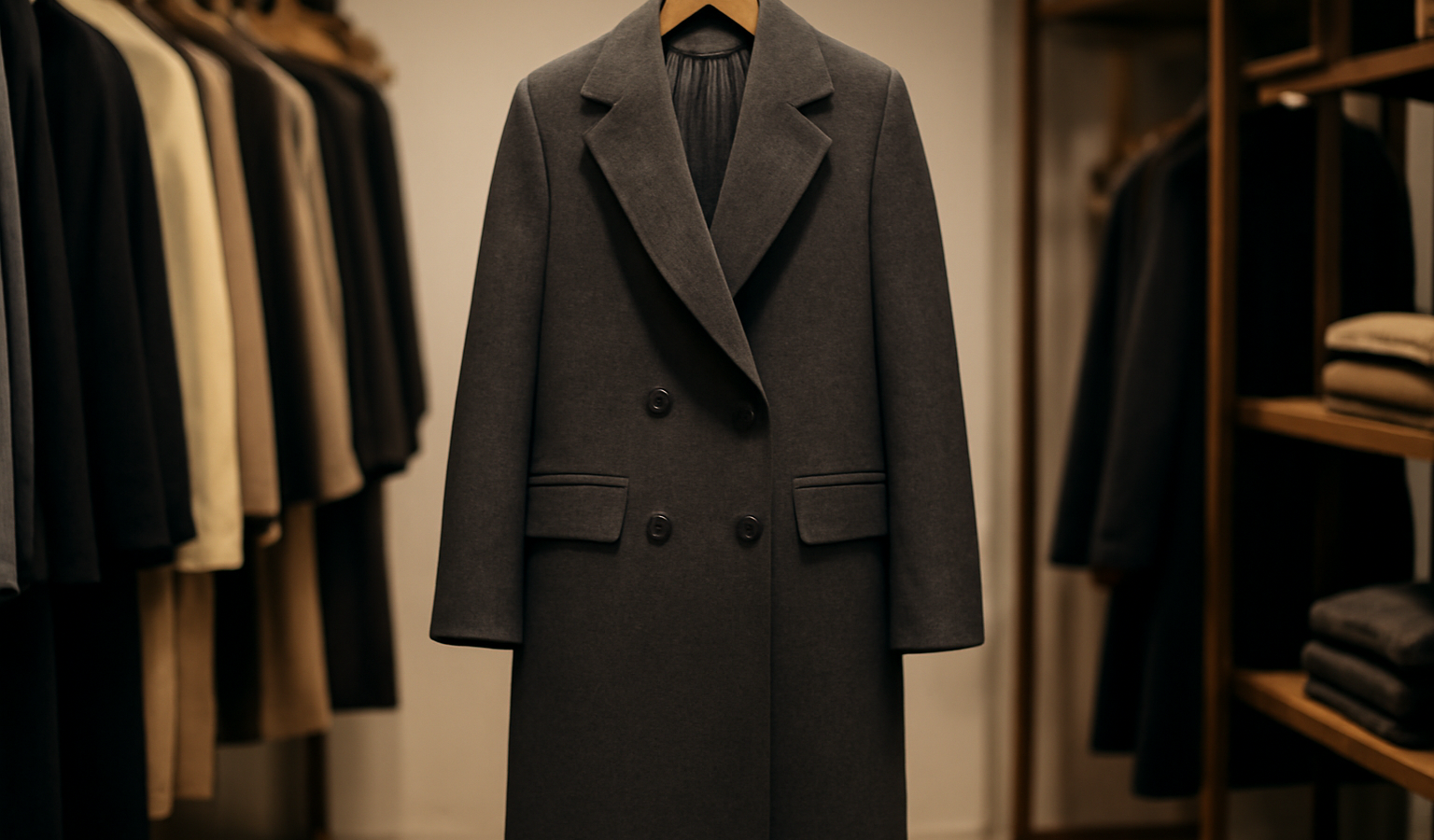 manteau long pendu dans une boutique