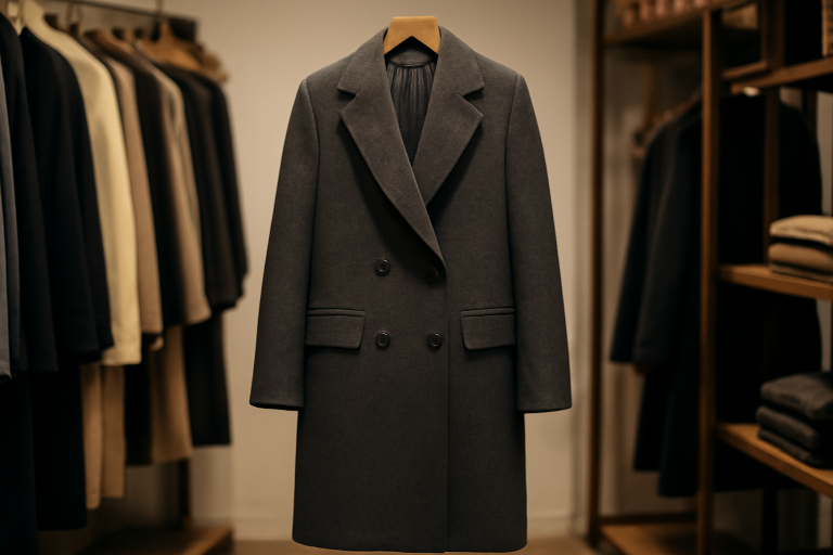 manteau long pendu dans une boutique