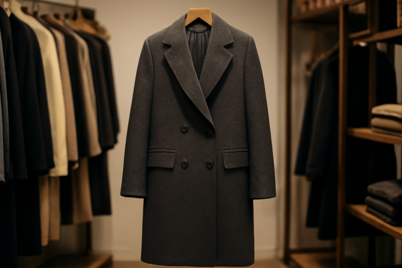 manteau long pendu dans une boutique