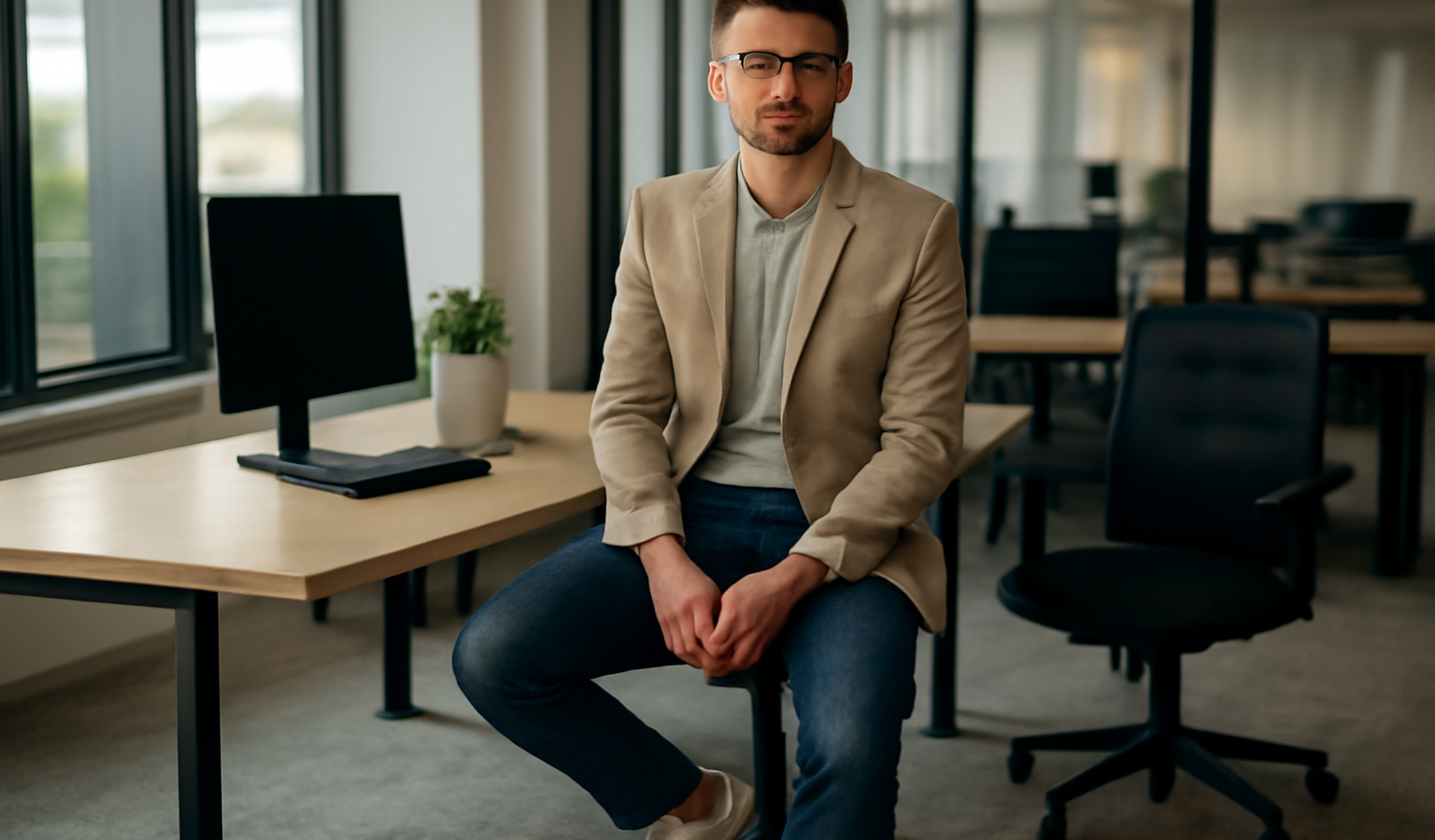homme en blazer leger et sneakers au bureau