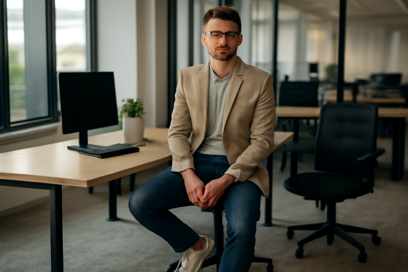 homme en blazer leger et sneakers au bureau