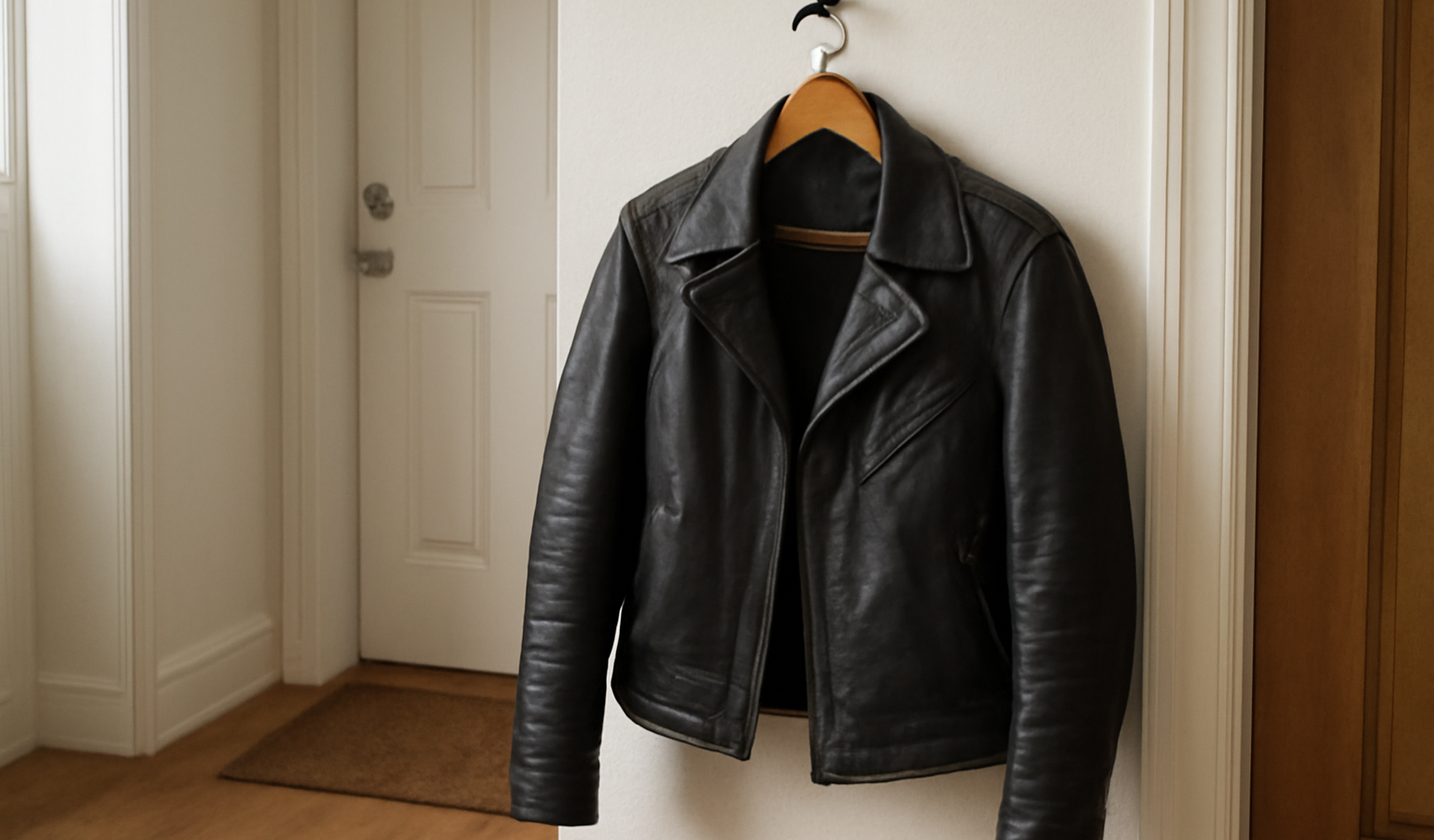 veste en cuir suspendue dans entree