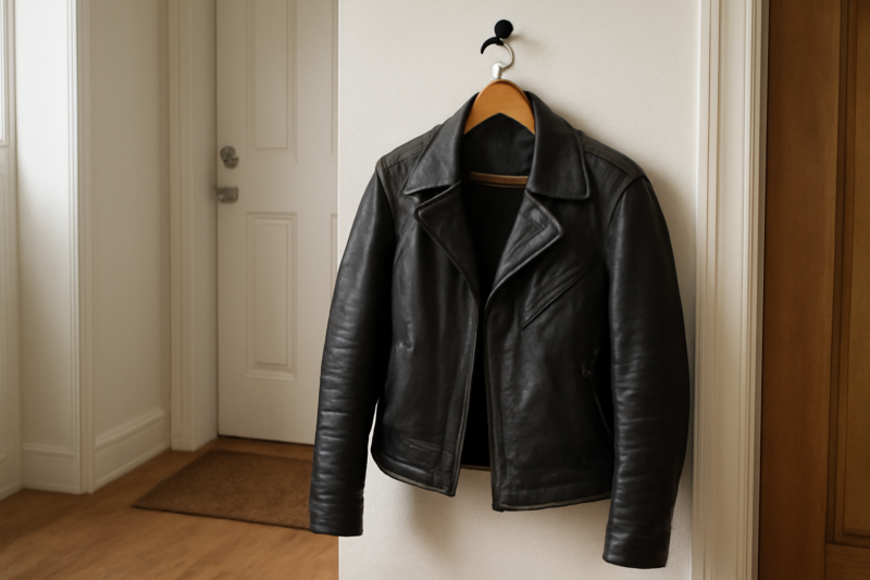 veste en cuir suspendue dans entree
