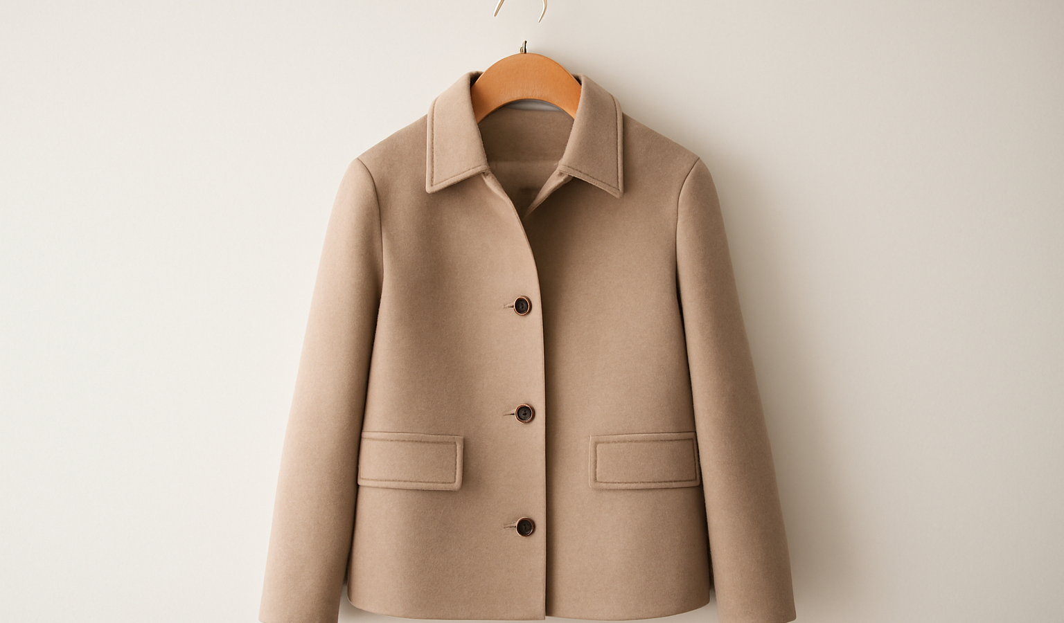 manteau court minimaliste suspendu sur cintre