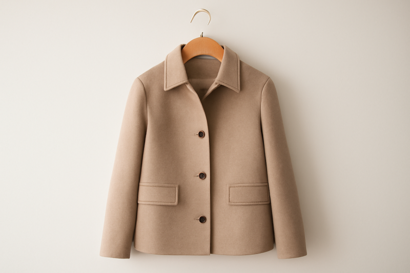 manteau court minimaliste suspendu sur cintre