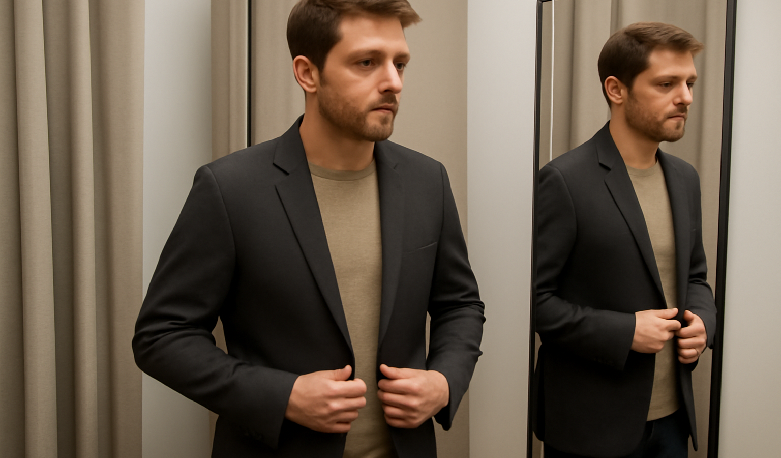 homme essayant une veste minimaliste en cabine