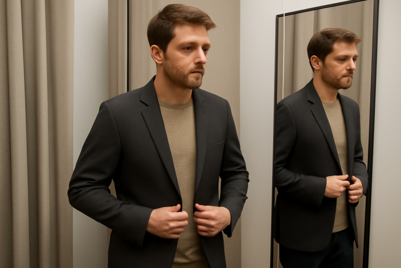 homme essayant une veste minimaliste en cabine