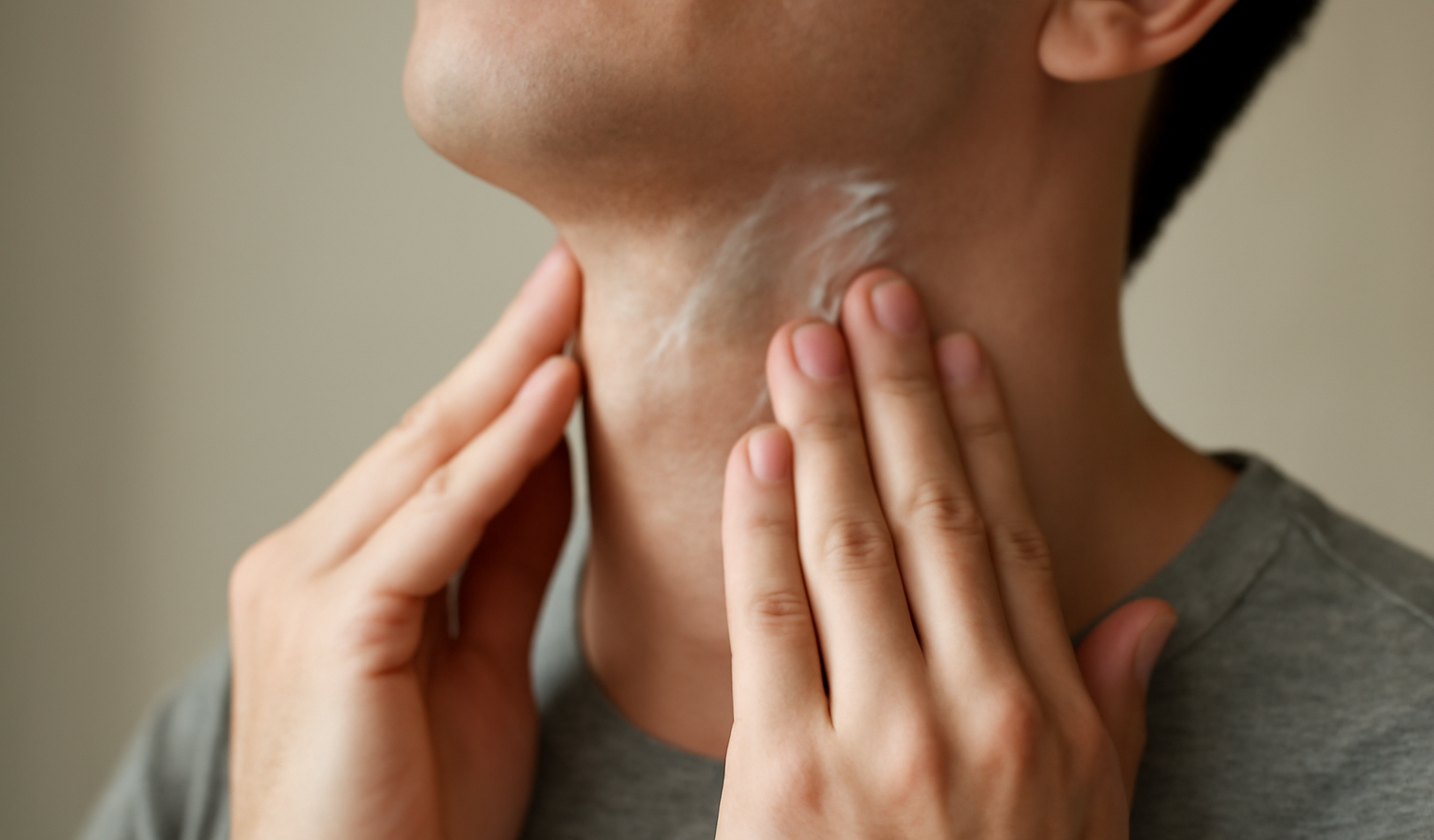 mains appliquant lotion sur cou apres rasage
