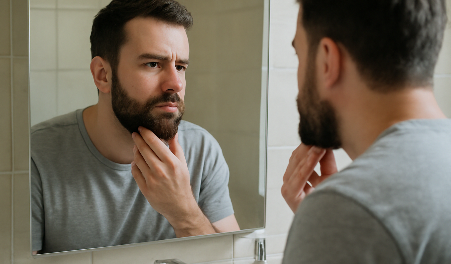 homme se regardant barbe dans miroir de salle de bain
