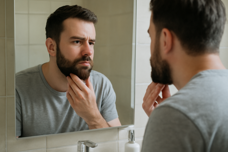 homme se regardant barbe dans miroir de salle de bain