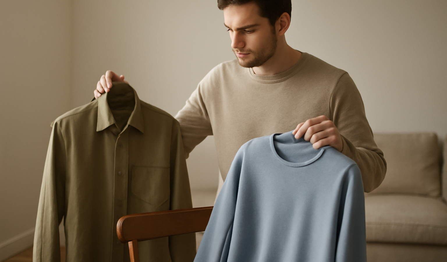 homme choisissant entre deux vetements sur chaise
