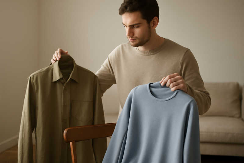 homme choisissant entre deux vetements sur chaise