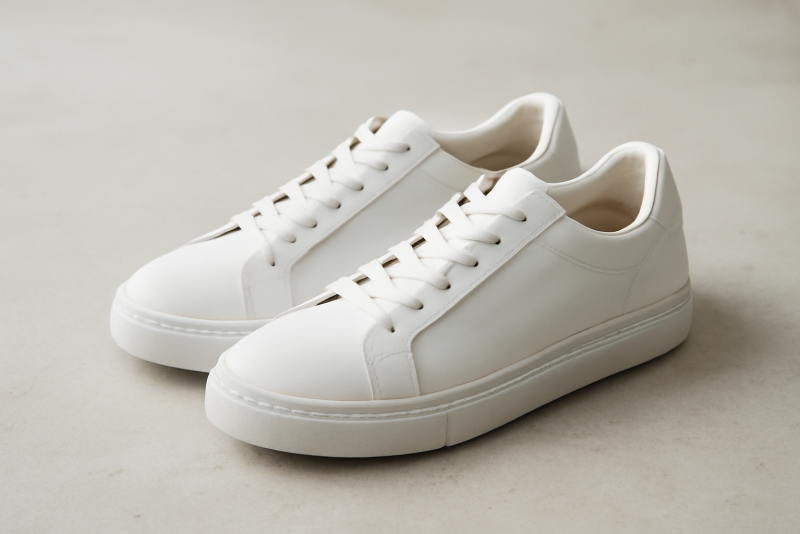 paire de baskets blanches posée sur sol clair