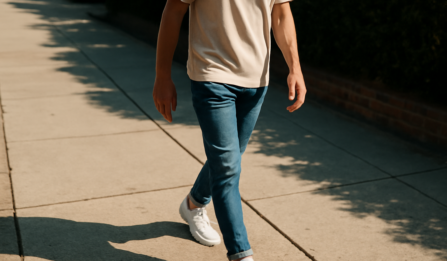 homme en baskets blanches marchant sur trottoir ensoleille