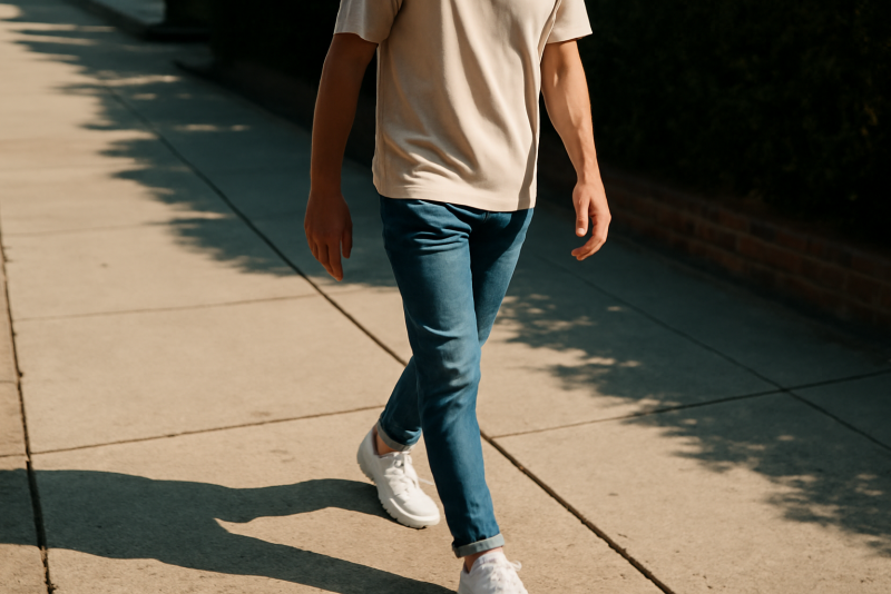 homme en baskets blanches marchant sur trottoir ensoleille