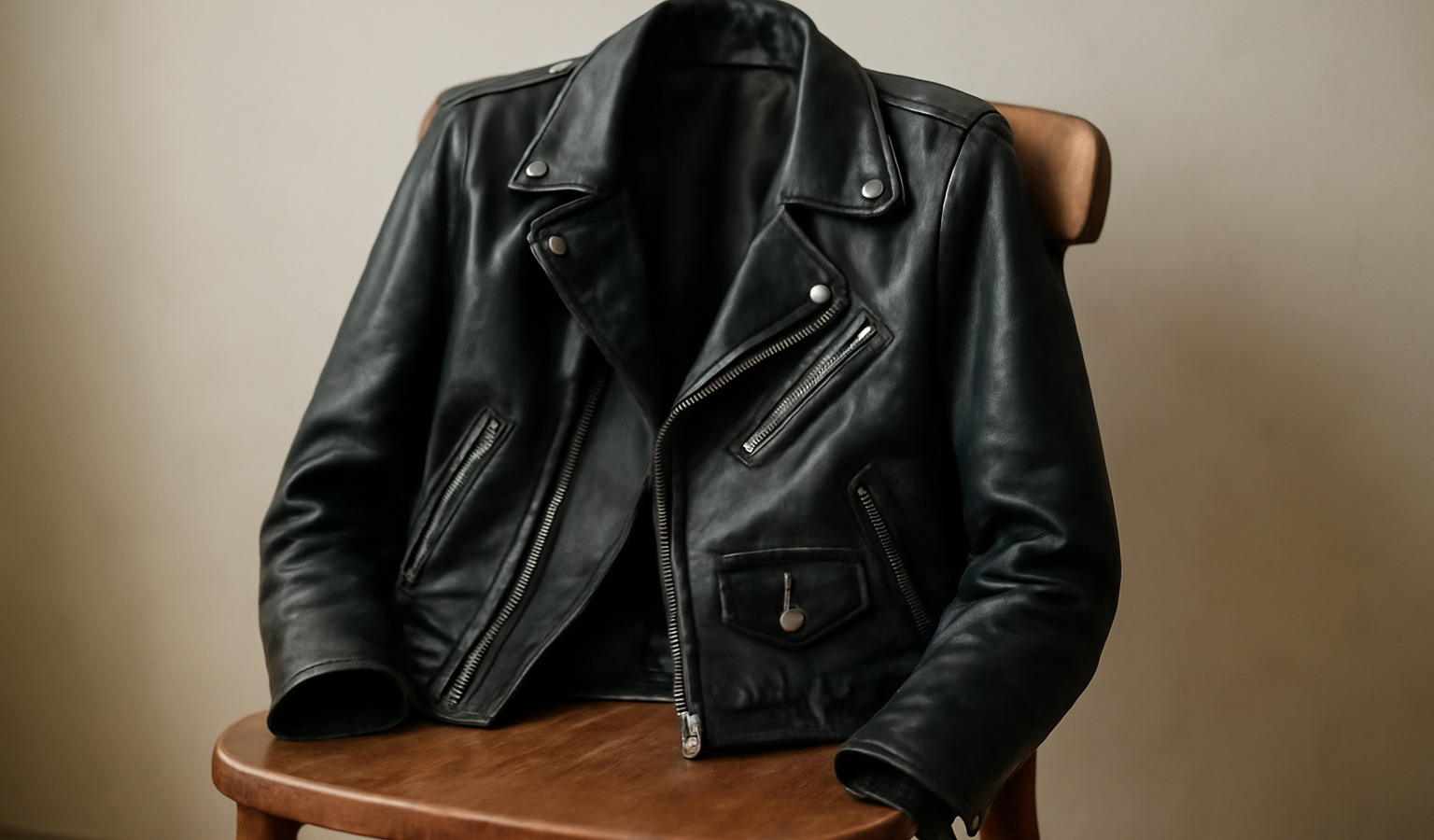 blouson en cuir posé sur chaise en bois