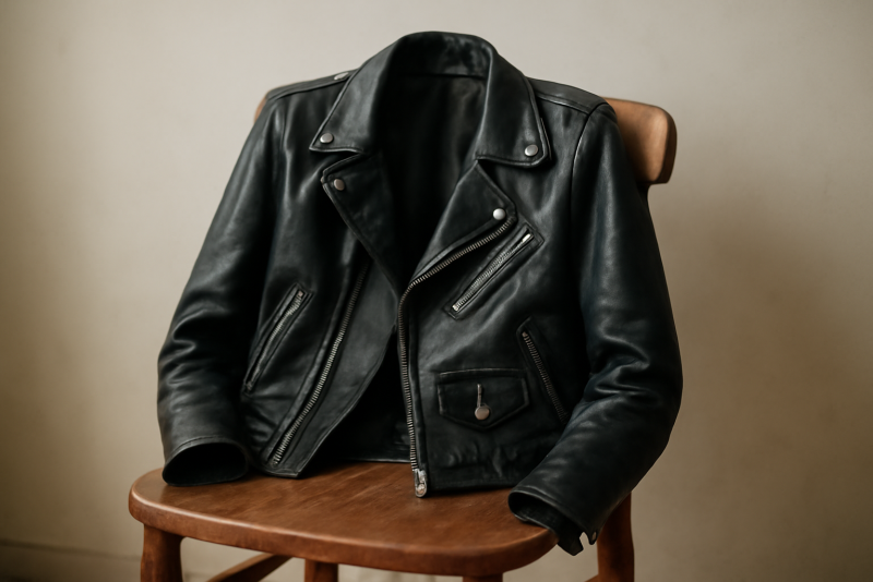 blouson en cuir posé sur chaise en bois