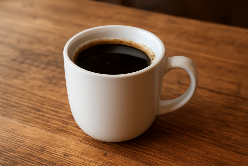 tasse de cafe pose sur comptoir en bois
