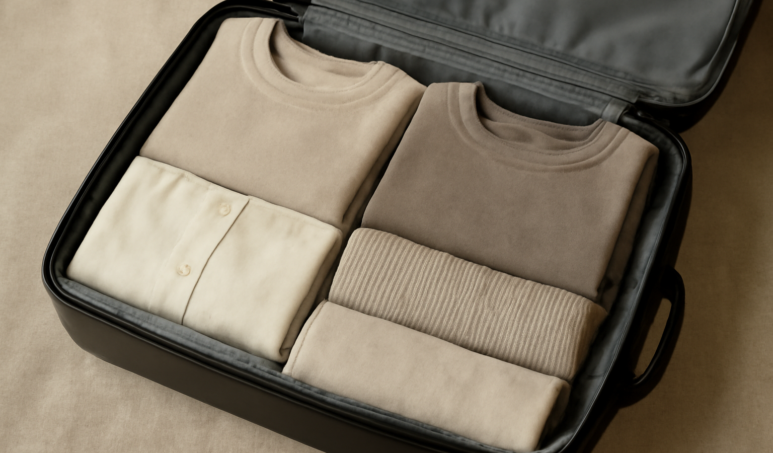 valise ouverte avec tenues neutres pliées