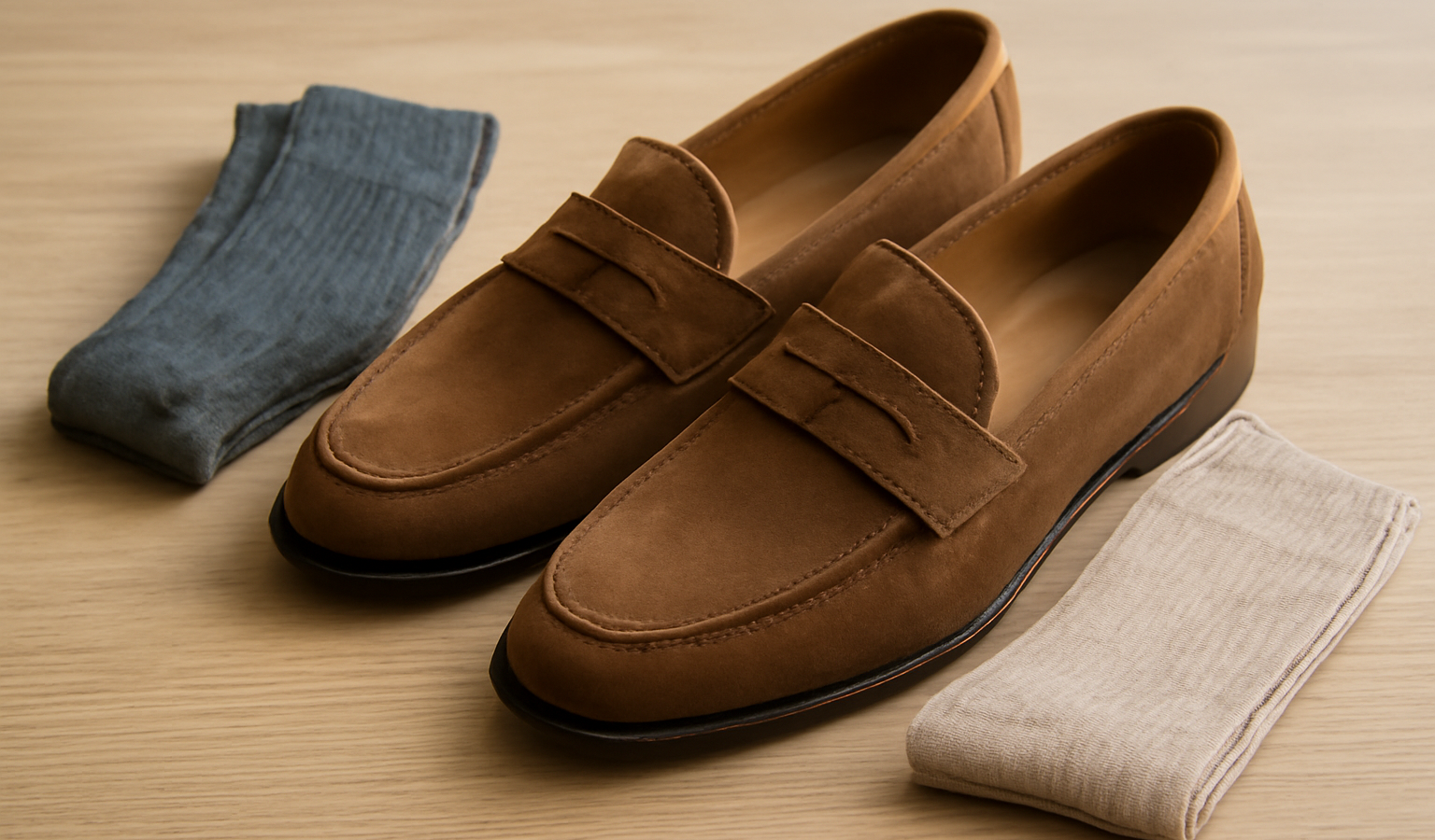 mocassins posés près de paires de chaussettes
