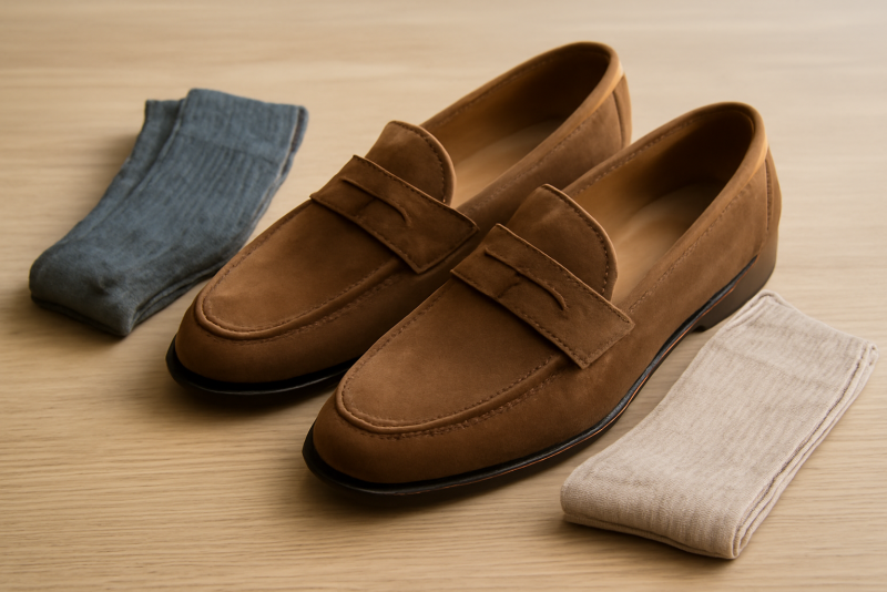 mocassins posés près de paires de chaussettes