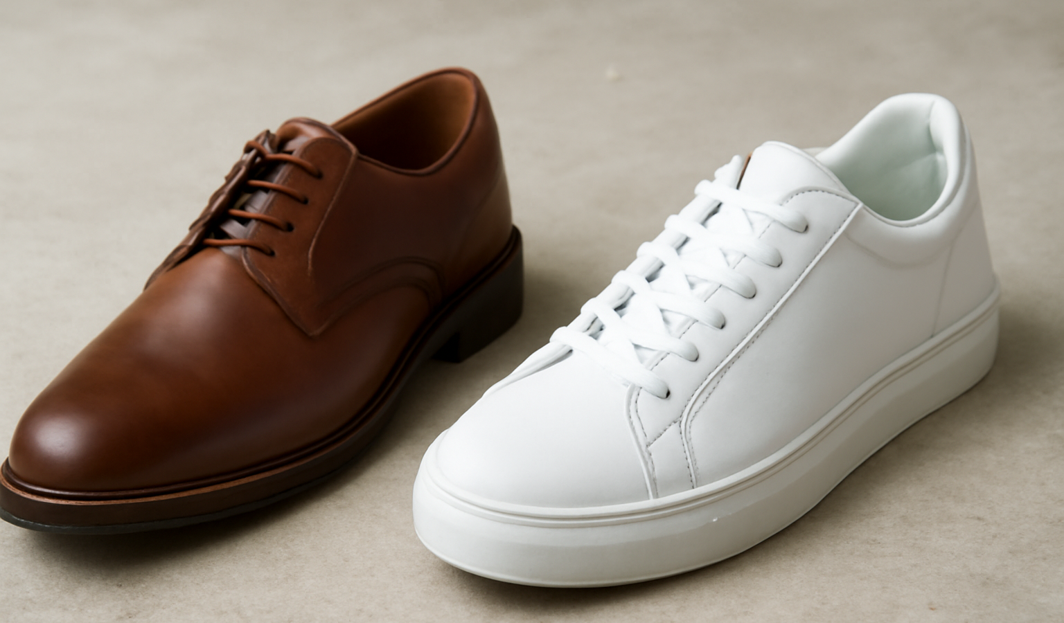 paire de derbies et baskets cote a cote
