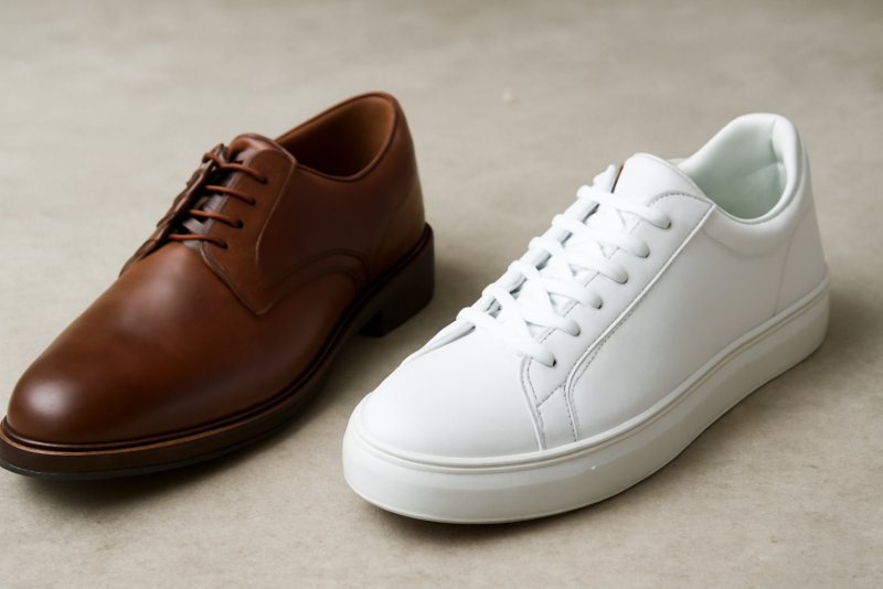 paire de derbies et baskets cote a cote