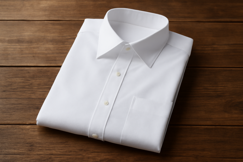 chemise blanche pliee sur table en bois