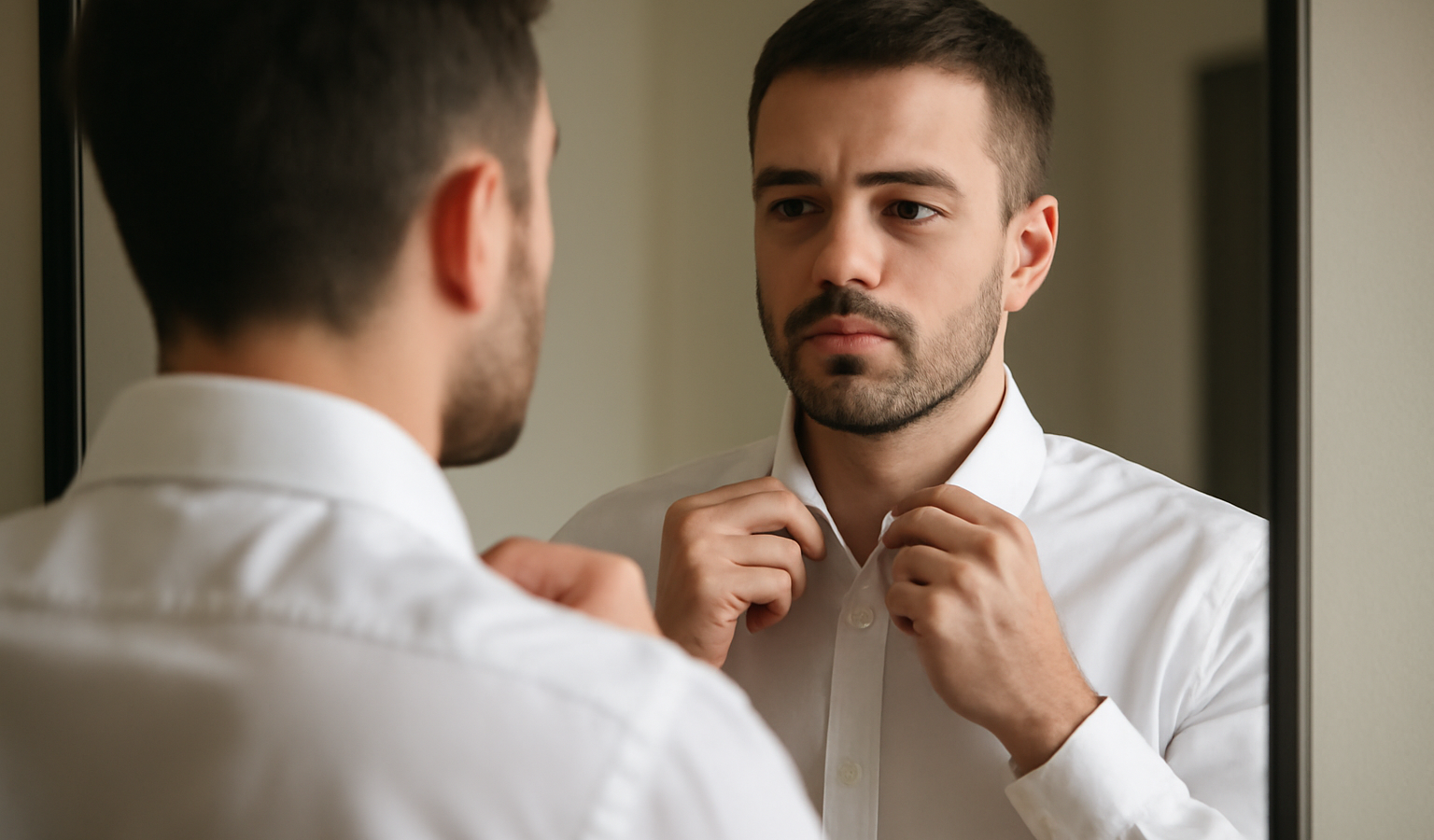 homme ajustant col de chemise devant miroir