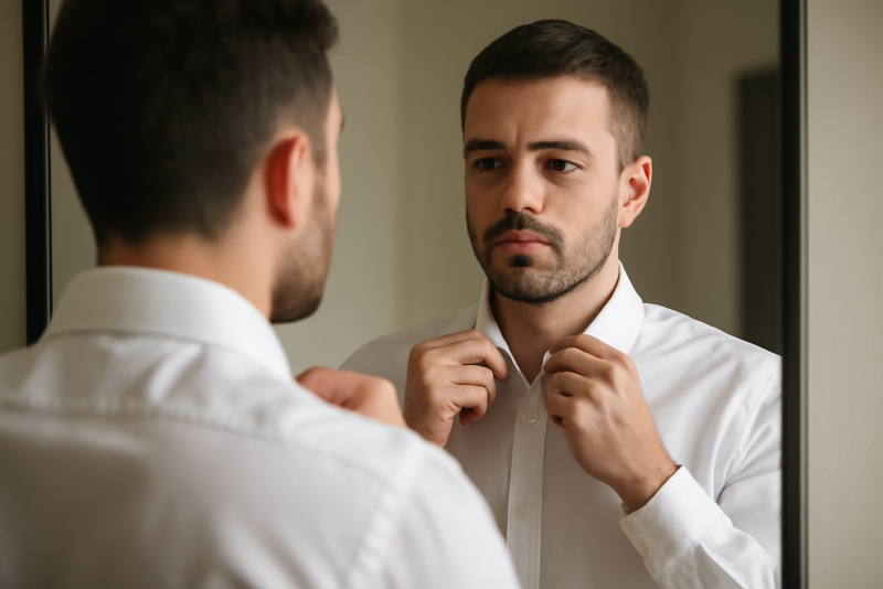 homme ajustant col de chemise devant miroir