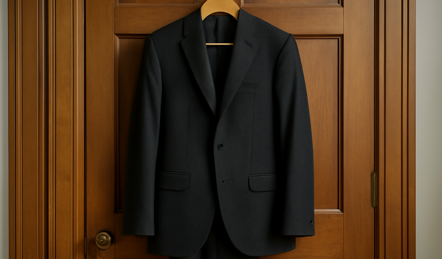costume sombre suspendu sur porte en bois