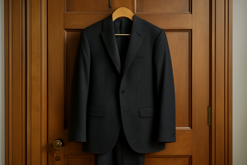 costume sombre suspendu sur porte en bois