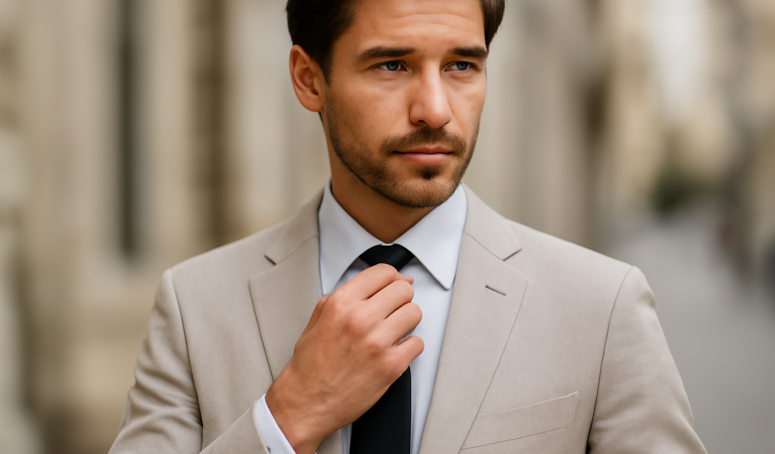 homme en costume leger ajustant sa cravate