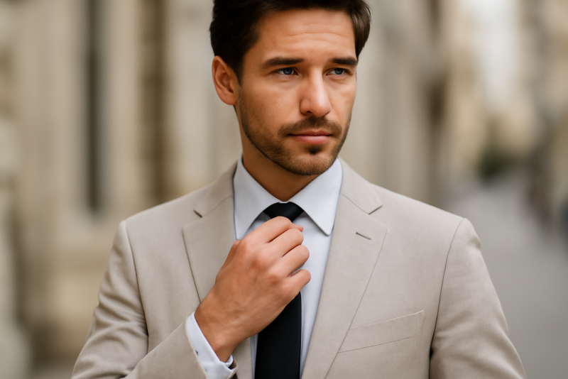 homme en costume leger ajustant sa cravate