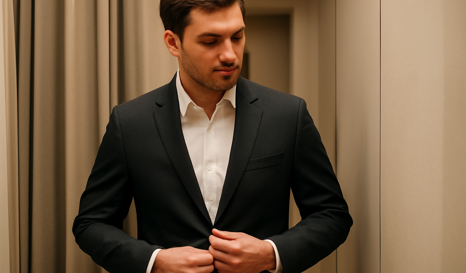 homme essayant un costume sobre en cabine