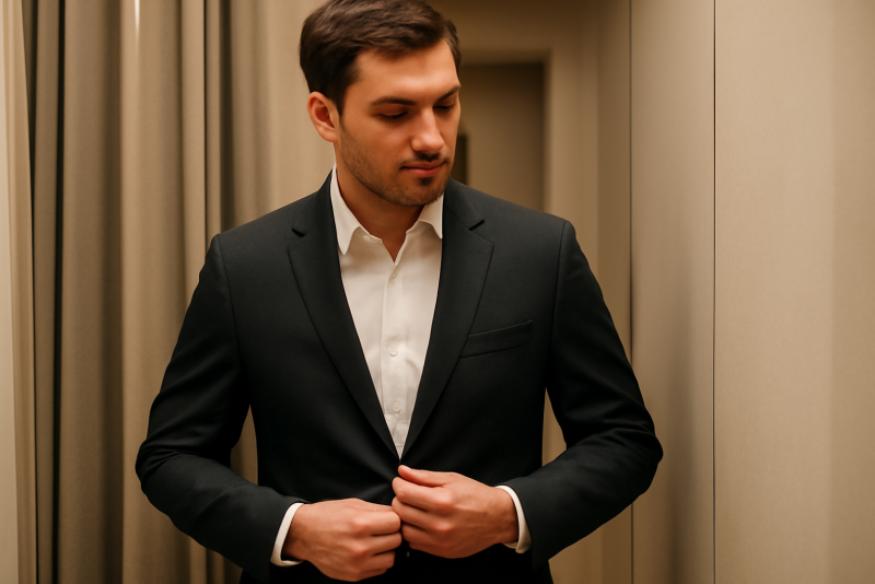 homme essayant un costume sobre en cabine