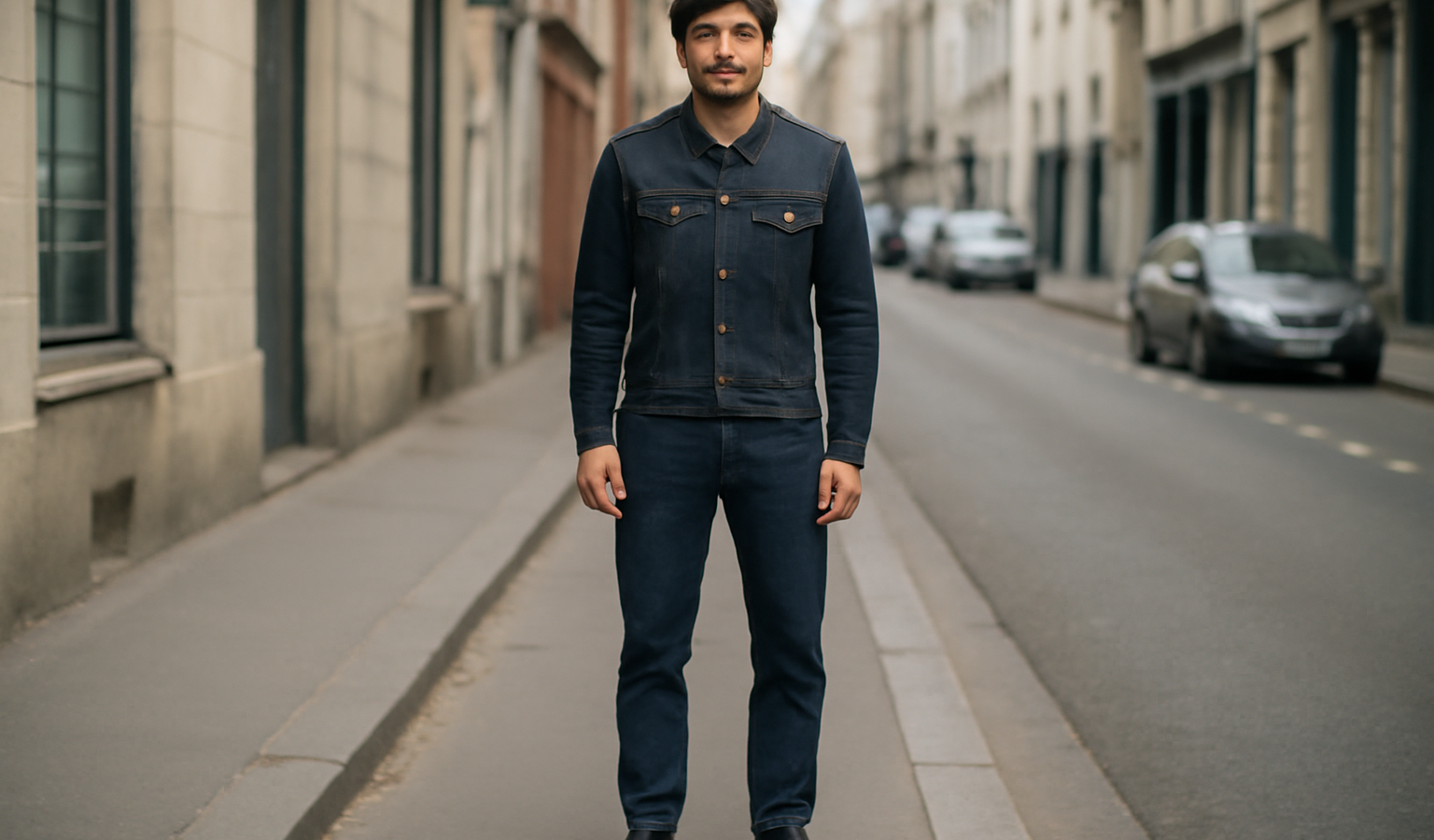 homme portant jean brut debout en rue