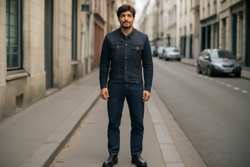 homme portant jean brut debout en rue