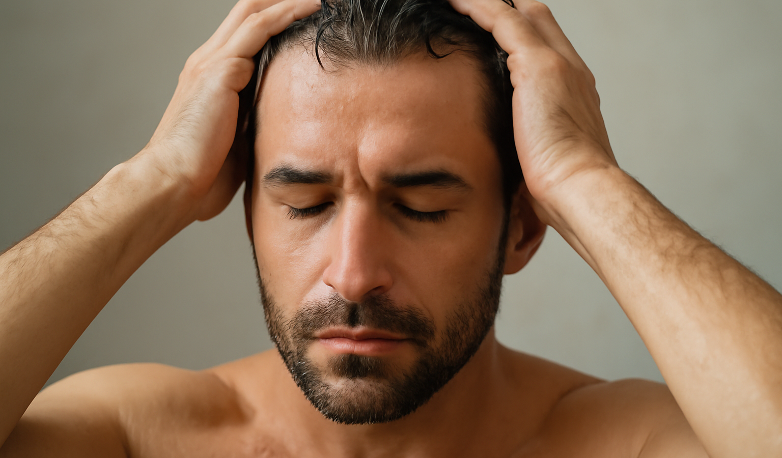homme massant son cuir chevelu mouillé